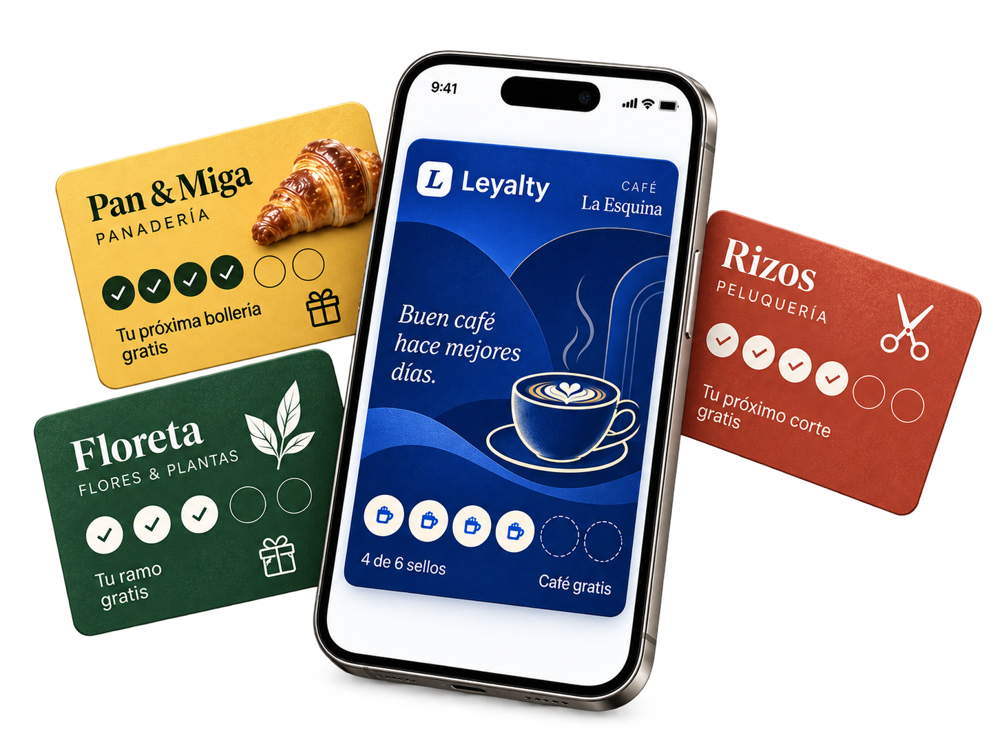 Móvil con una tarjeta Leyalty de Café La Esquina y tarjetas de Pan y Miga, Floreta y Rizos alrededor